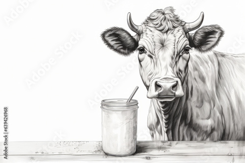 Vector illustration graphics of a cow with a glass or container of milk on a table on a white background with a place for a logo, text or inscription.generative ai
 photo