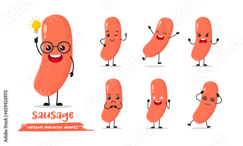 cute sausage cartoon with many expressions. food different activity pose vector illustration flat design set.