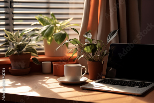 A Cozy Home Office Desk With a Sleek Modern Laptop and a Cup of Coffee  Decorated With Potted Plants  Generative AI