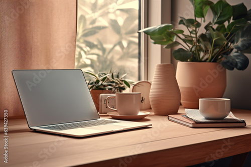 A Cozy Home Office Desk With a Sleek Modern Laptop and a Cup of Coffee, Decorated With Potted Plants, Generative AI