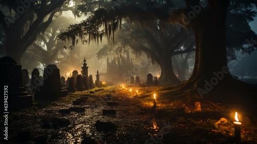 Foggy eerie haunted cemetery on Halloween night - generative AI.