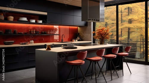 Autumn themed modern kitchen interior design with sleek furniture and black accents.