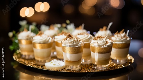 Fototapeta Naklejka Na Ścianę i Meble -  Gold and Silver Thwarted Wedding Pastries and Mousses