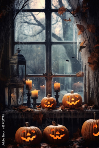 Happy Halloween background spooky scene, creepy dark night with jack o lantern pumpkins spooky ghosts horror gothic evil mysterious night haunted haloween house backdrop.