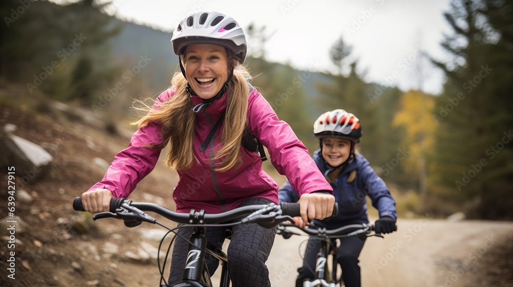 Grinning mother and girl riding mountain bicycles together along a path in a dim timberland