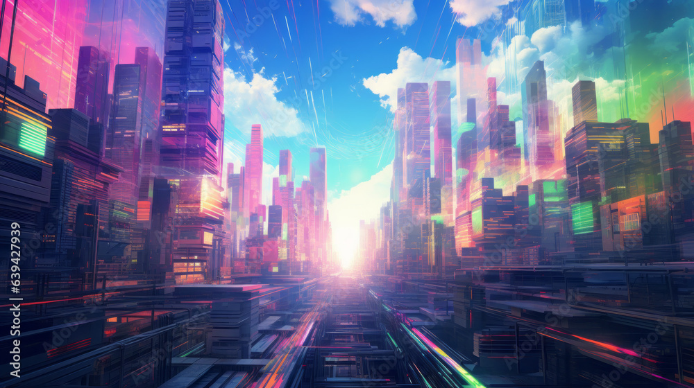A vibrant cityscape against a stunning sky