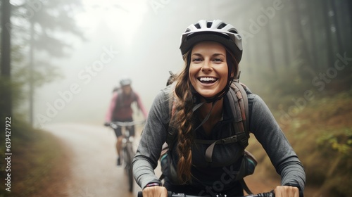Grinning youthful lady in cycling adapt riding her mountain bicycle with companions along a path in a foggy timberland