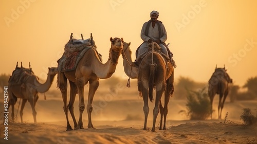 Indian cameleers camel driver bedouin with camel outlines in sand hills of Thar leave on dusk Caravan in Rajasthan travel tourism foundation safari enterprise Jaisalmer Rajasthan India