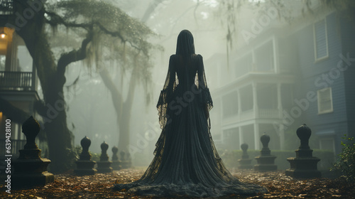 Eerie haunting ghostly female figure walking in front of a foggy Southern Plantation antebellum mansion on Halloween night - generative AI.