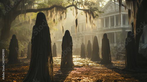 Eerie haunting ghostly silhouetted female figures walking in front of a foggy Southern Plantation antebellum mansion on Halloween night - generative AI.