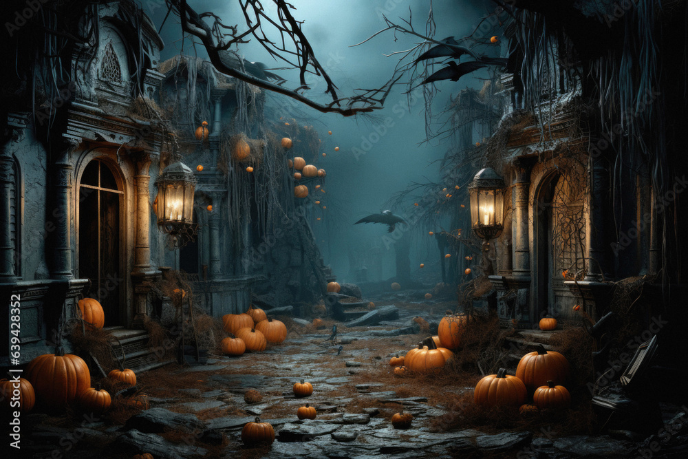 Halloween spooky background, scary pumpkins in old big creepy Happy Haloween ghosts horror house evil haunted castle scene. Creepy dark gothic mysterious night dark backdrop concept. Halloween spooky background, scary pumpkins in old big creepy Happy Haloween ghosts horror house evil haunted castle scene. Creepy dark gothic mysterious night dark backdrop concept.
