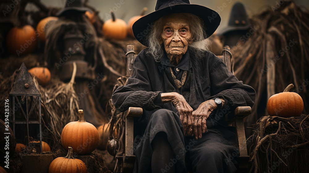 Obraz premium Ghostly scary old witch sitting amongst pumpkins and other Halloween decorations - generative AI.