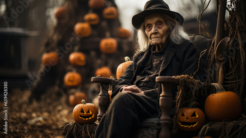 Ghostly scary old witch sitting amongst pumpkins and other Halloween decorations - generative AI.