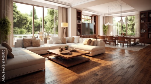 A spacious living room with furniture. © Lasvu