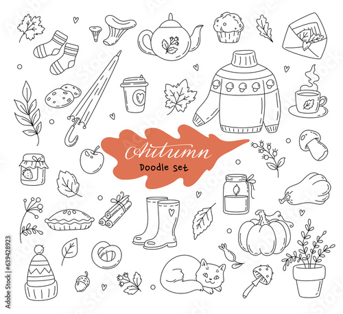 Big set of autumn elements in doodle style.