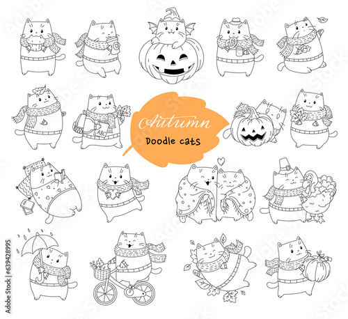 Autumn set of cute cartoon cats in doodle style.