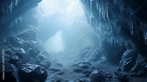 Mesmerizing ice formations in a frozen cave 