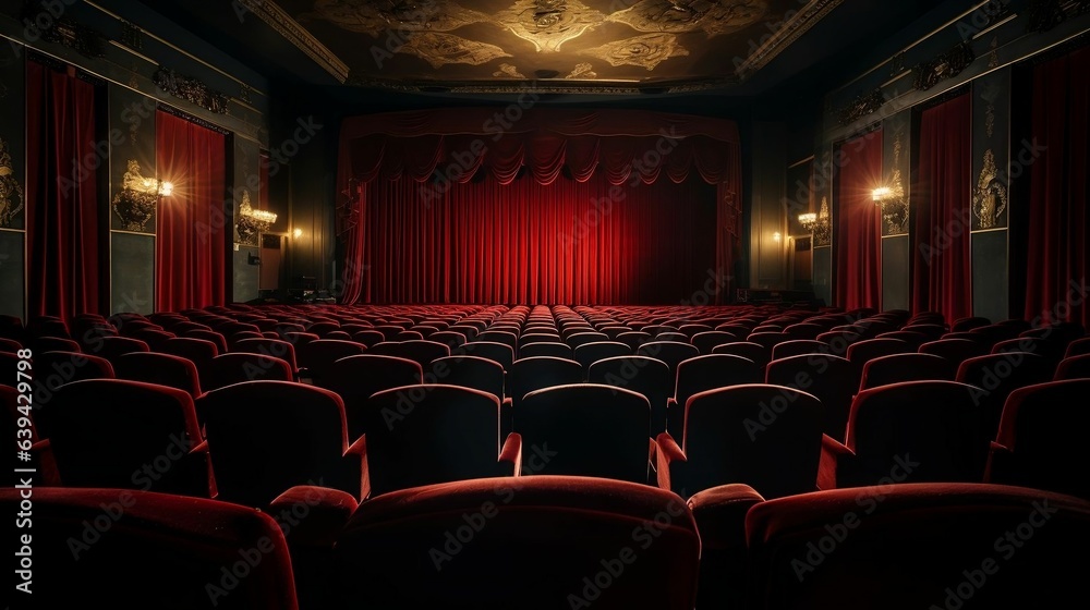 Classic movie theater with red velvet seats and curtains
Classic movie theater with red velvet seats and curtains