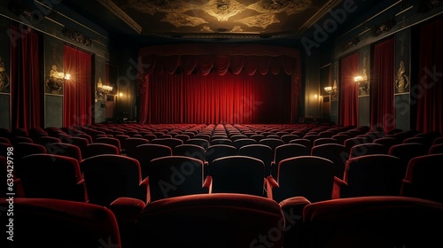 Classic movie theater with red velvet seats and curtains
