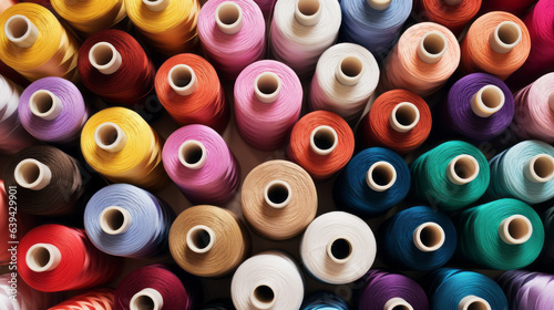 A colorful display of spools of thread