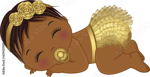 Vector Cute African American Baby Girl Wearing Gold Ruffle Diaper