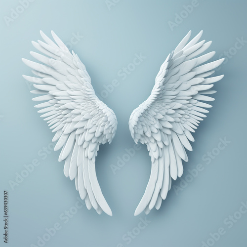 white Angel wings, realistic 3d, on light blue background.