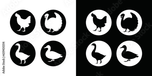 Logo template for chicken farm, turkey farm, duck farm, goose farm. goose, duck, turkey, chicken symbol in black and white.