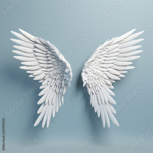 white Angel wings, realistic 3d, on light blue background.