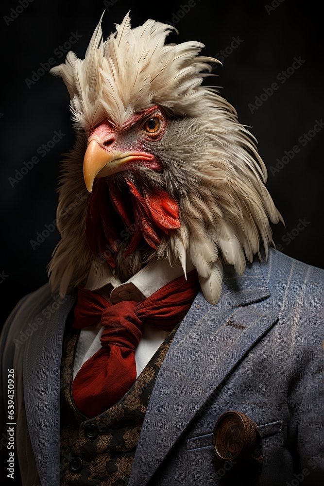 A cranky staring chicken wearing a suit. Generative AI. 