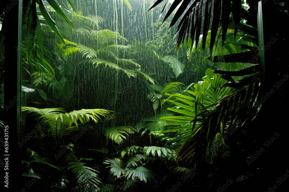 A tropical rainforest during a heavy rain, large green leaves. The leaves are wet and shiny from the rain