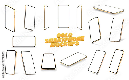 Gold smartphones with glossy surface. 3D realistic mobile phones in different positions, at different angles. Smartphone mockups with blank screen. 3D cellphone mockups for UI, UX presentation. Vector