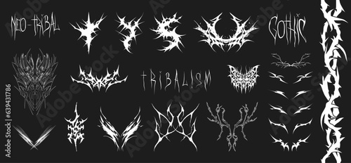 Cyber Sigilism Tattoo Shapes, abstract Neo-Tribal elements with sharp with spikes. Gothic abstract patterns for streetwear, typography, t-shirt. Acid y2k Neo-tribal shapes. Cyber Sigilism Vector Set photo