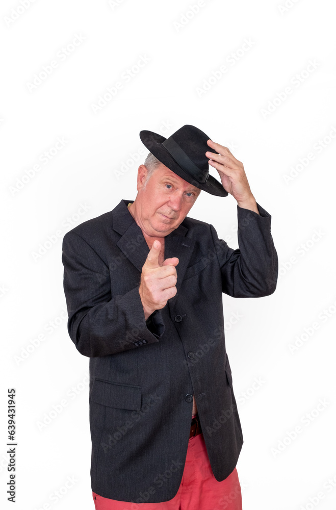 handsome happy smiling man in black suit greeting with hand at head handsome happy smiling man in black suit greeting with hand at head