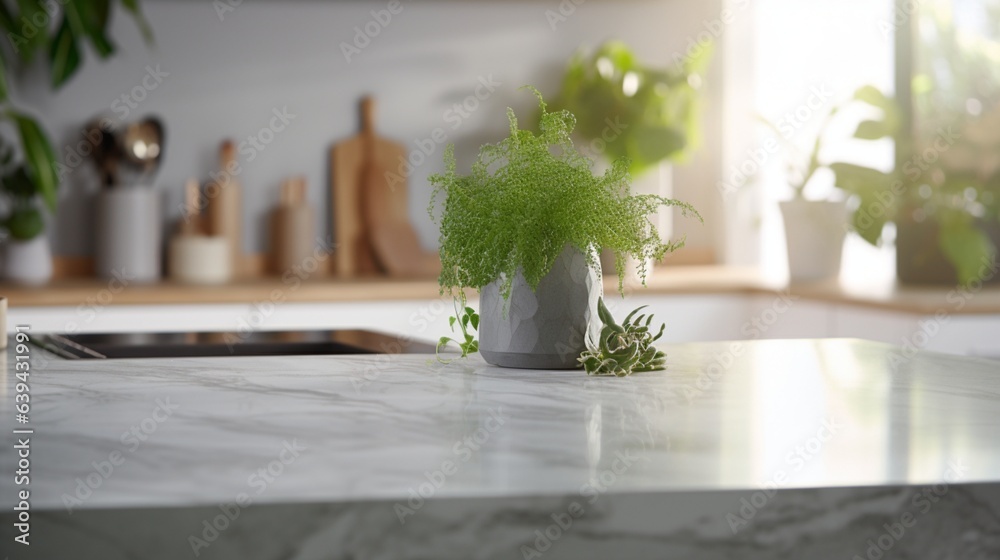 Close-up of a marble countertop of an island kitchen against a blurred background of a kitchen with appliances
