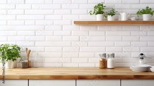 Banner View of white kitchen in modern style, kitchen details, plants on wooden table, white ceramic brick wall background. Sustainable living eco friendly kitchen.