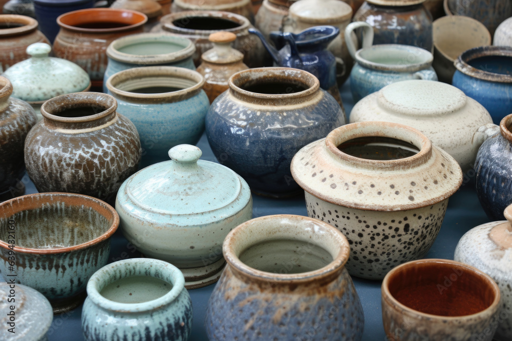 A collection of pottery in various shapes, sizes, colors, and patterns. The pottery is displayed on a table and is closely packed together A collection of pottery in various shapes, sizes, colors, and patterns. The pottery is displayed on a table and is closely packed together