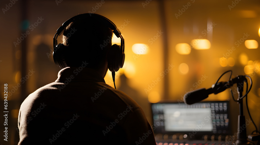 Man speaking or talk at night radio studio