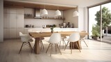 Contemporary white kitchen with wooden table and two chairs