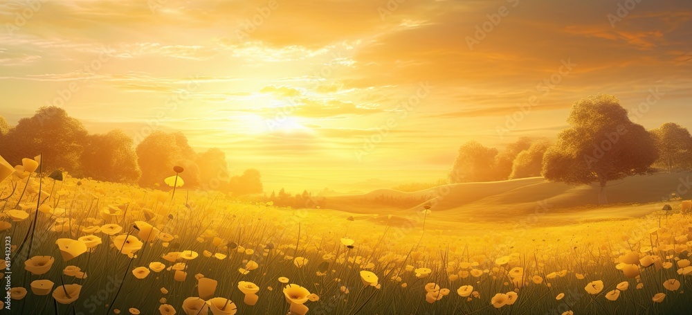 Dreamy golden sunset over yellow flowers in a tranquil forest meadow. Concept of serene natural beauty.