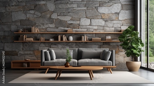 Grey stone wall interior room with wooden decor, bookshelf, sofa and vase of plant, middle table, carpet