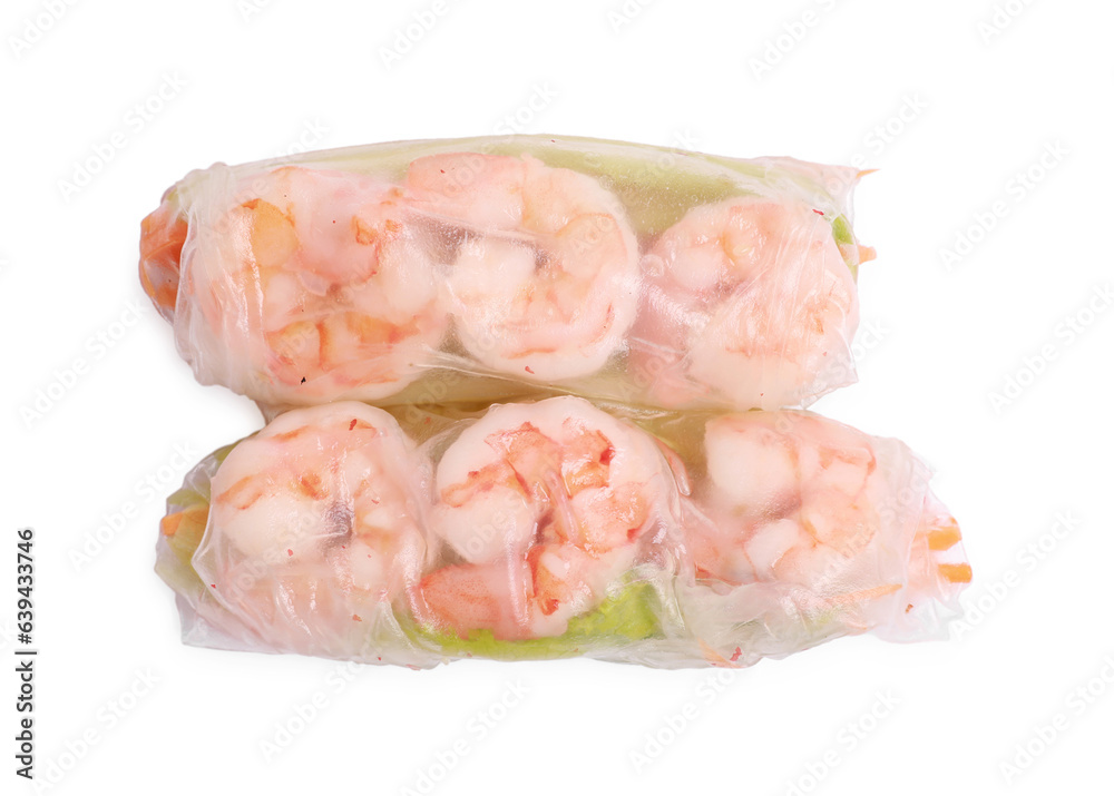 Tasty spring rolls on white background, top view Tasty spring rolls on white background, top view