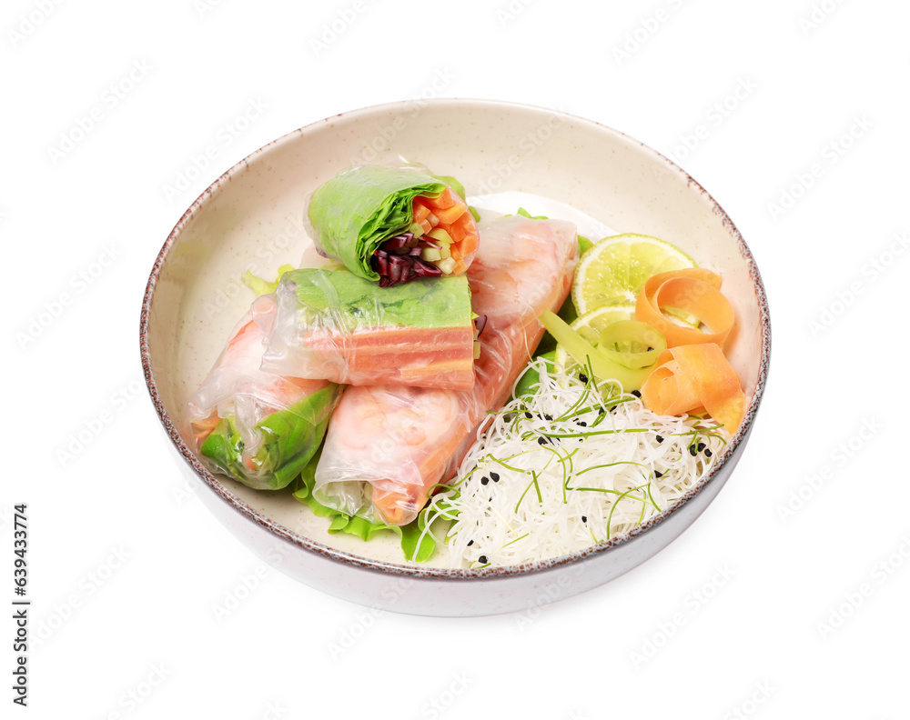 Delicious spring rolls wrapped in rice paper on white background Delicious spring rolls wrapped in rice paper on white background