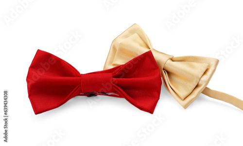 Different stylish bow ties on white background