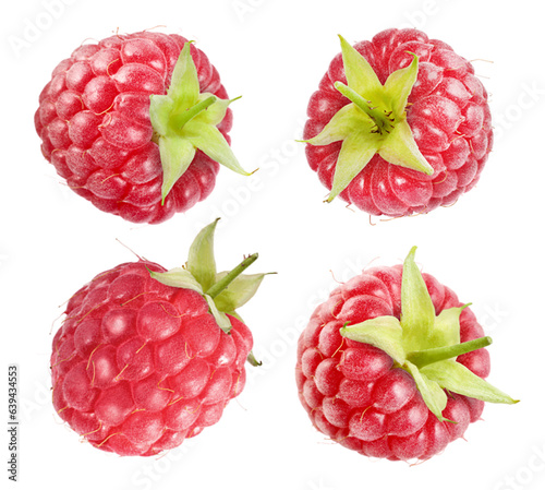 Set with fresh ripe raspberries isolated on white
