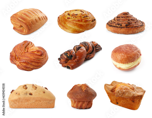 Set with different freshly baked pastries isolated on white