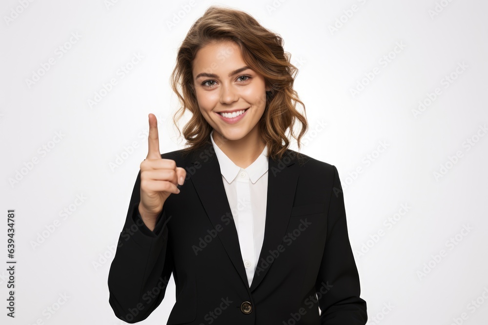 Business woman pointing up looking at camera, studio background Business woman pointing up looking at camera, studio background