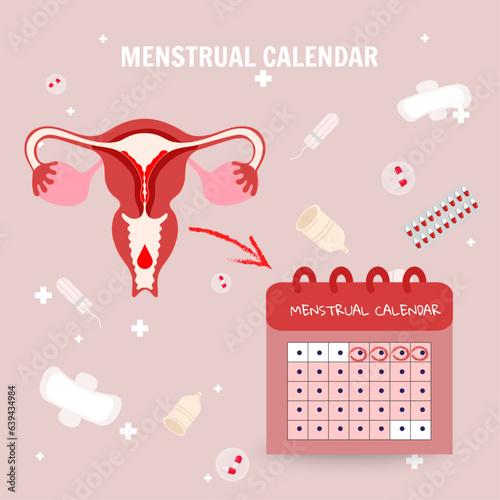 menstrual cycle with menstrual calendar and woman’s staff around