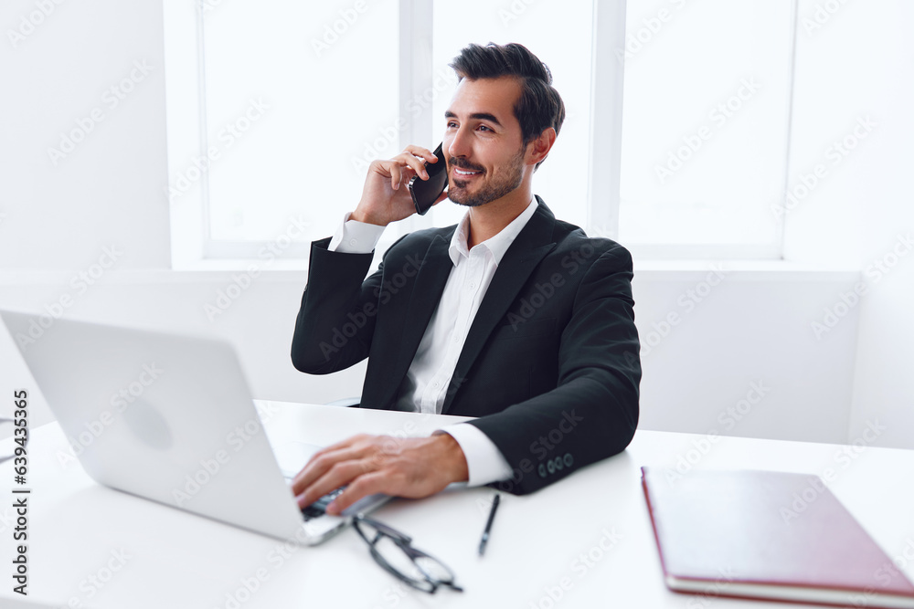 Talk man office wireless computer technology laptop businessman smiling business phone Talk man office wireless computer technology laptop businessman smiling business phone