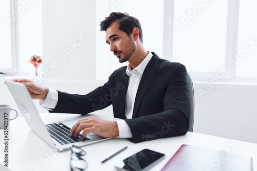 Professional man office portrait phone adult occupation angry business businessman laptop technology computer talk