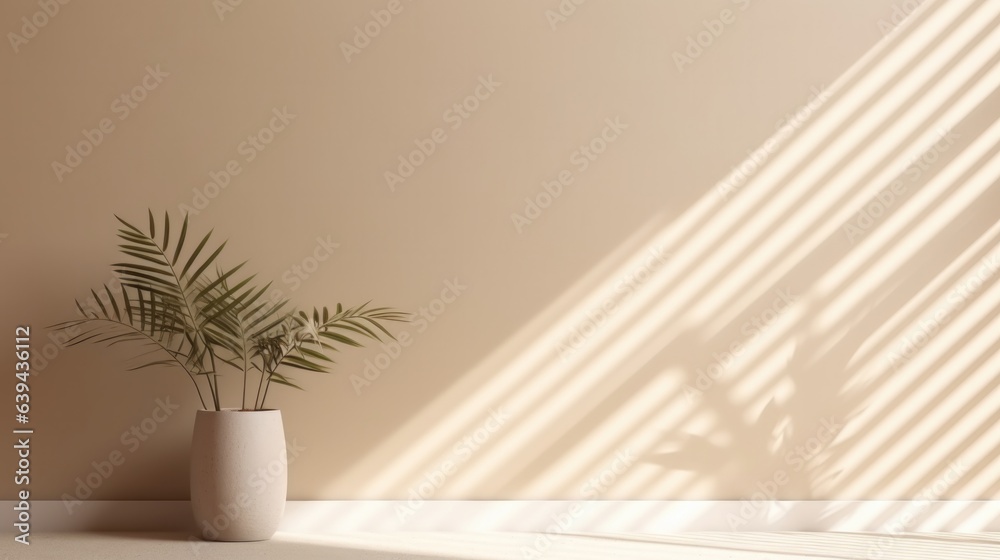 A simple abstract light beige background for product presentations with complex lights and shadows from windows and plants on the walls.